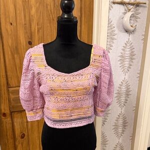 Lea & Viola Pink Crochet Puff Sleeve Crop Top with Yellow Floral